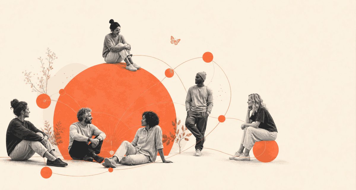 Oameni conectați într-o comunitate, într-o ilustrație în stilul AGAPE.